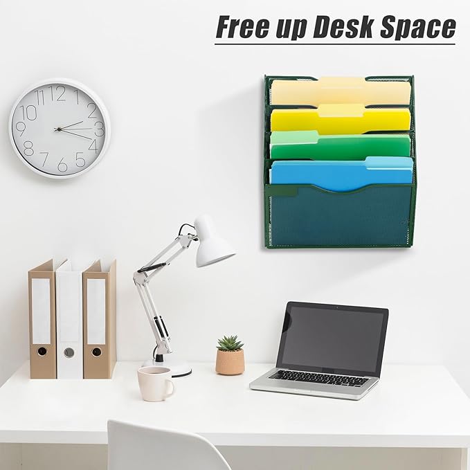 EASEPRES 5 Pocket Mesh Hanging File Organizer, Wall Mounted Mail Paper Document Folder Holder, Clipboard Storage Organization Magazine Rack with Nametag Label for Office Home School, Dark Green