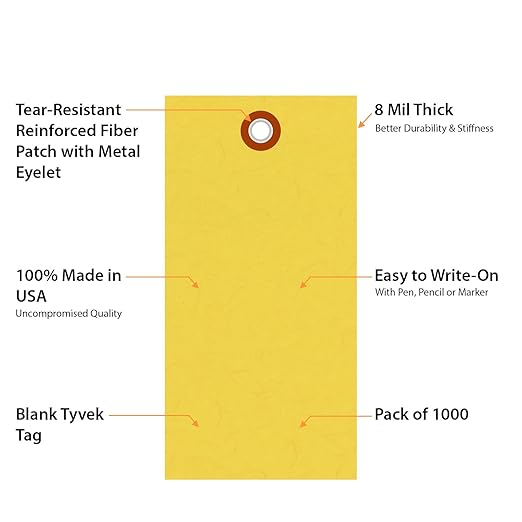 SmartSign (Pack of 1000) 4.75 x 2.375 inch “Yellow” Blank Tyvek Shipping Tags with Metal Eyelets, Size #5, 8 mil Thick Tyvek, Made in USA