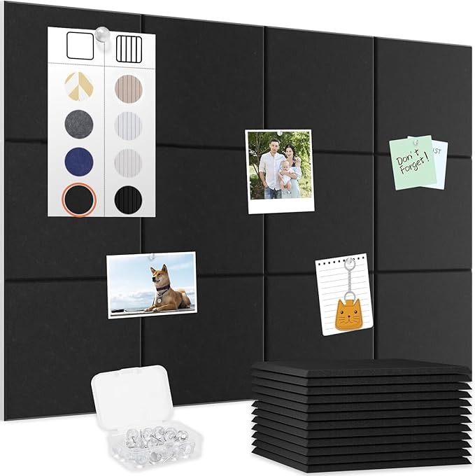 Smarpau Large Cork Board for Walls, 12 Pack Square Bulletin Board, 48"x36" Pin Board with Pushpins Removable Security Stickers, Felt Wall Tiles for Office Home Decoration-Black