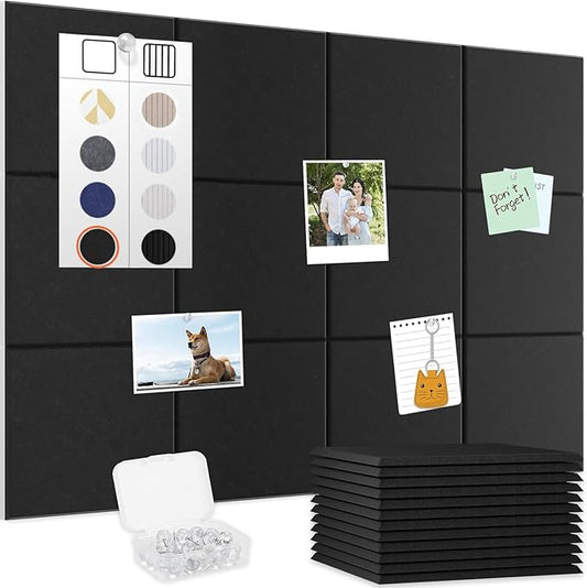 Smarpau Large Cork Board for Walls, 12 Pack Square Bulletin Board, 48"x36" Pin Board with Pushpins Removable Security Stickers, Felt Wall Tiles for Office Home Decoration-Black
