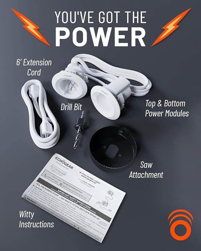 ECHOGEAR in-Wall Cable Management Kit for Power & Low Voltage Cords – Hide TV Wires Behind The Wall – Includes 3.75” Diameter x 3.25” Depth Modules, 6ft Extension Cord, Drywall Hole Saw Attachment