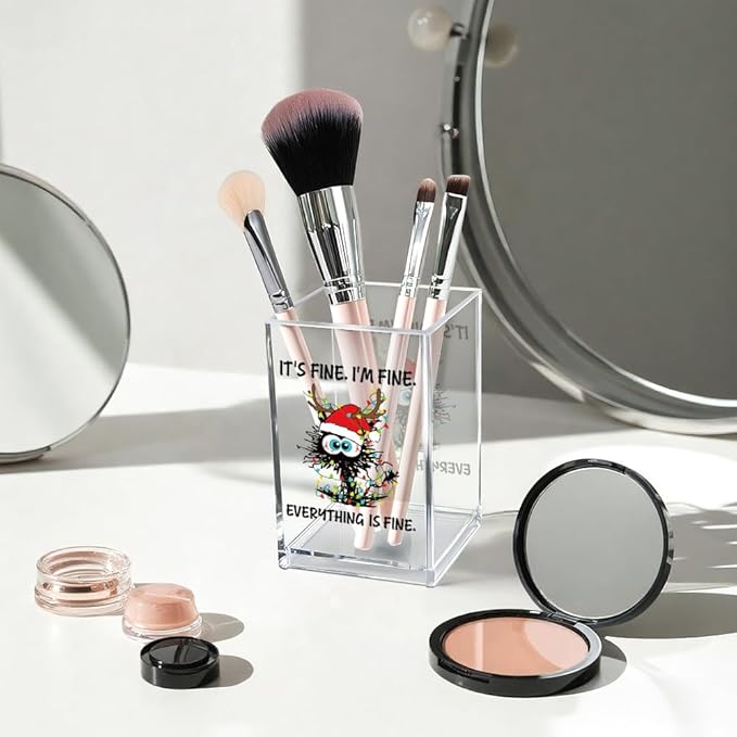 Vgrti It's Fine I'm Fine Acrylic Cosmetic Pencil Pen Holder Cup, Funny Black Cat Pen Holder Cup, Cute Christmas Gifts for Women Men, Office Sarcastic Gifts for Women Men Colleague Boss
