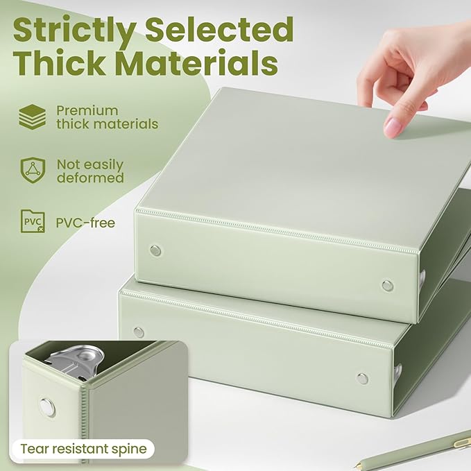 SUNEE 3 Ring Binder 2 Inch 1 Pack, Clear View Binder Three Ring PVC-Free (Fit 8.5x11 Inches) for School or Office Supplies, Sage Green