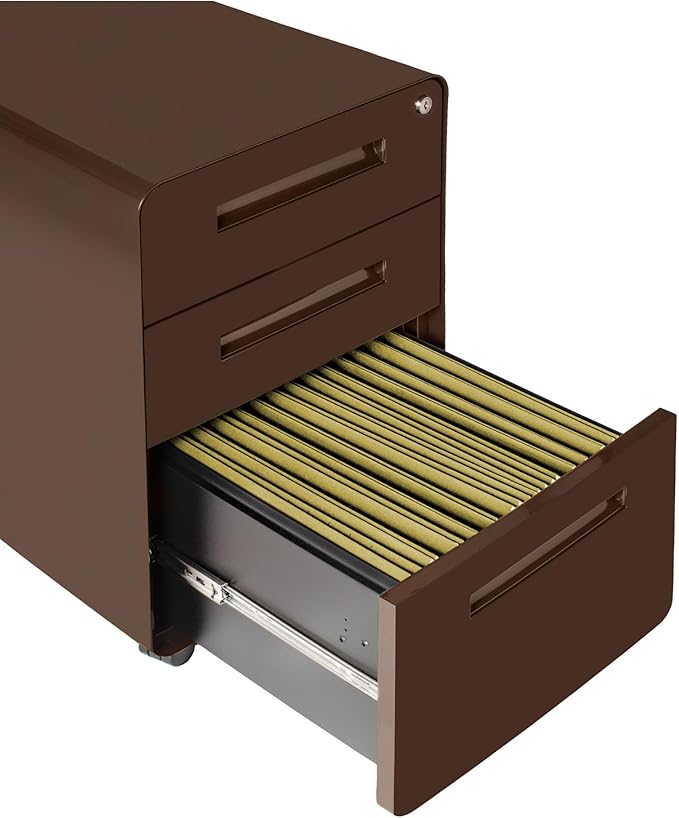 Laura Davidson Furniture Stockpile 3 Drawer File Cabinet with Lock - Under Office Desk Metal Filing Cabinet, Legal/Letter File Folders, Wheels and Stationary Feet, Pre-Assembled, Dark Brown