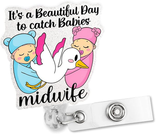 Sixrip lt's A Beautiful Day To Catch Babies Midwife Badge Reel, Funny Stork Retractable Badge Reel Gifts for Gynecologist Labor And Delivery Nurse Doctor Midwifery Postpartum Obstetrician, OBGYN Gifts