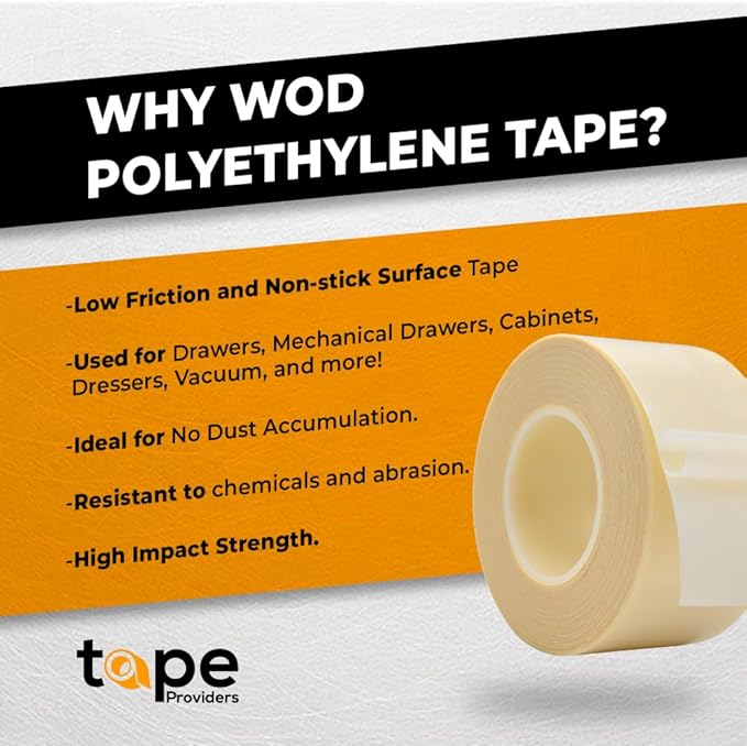 WOD SPT7A UHMW Polyethylene Transparent Film Slick Tape, 3/4 inch x 10 ft. Aggressive Adhesive - Ideal For Squeak Reduction, Drawers, and Bearings