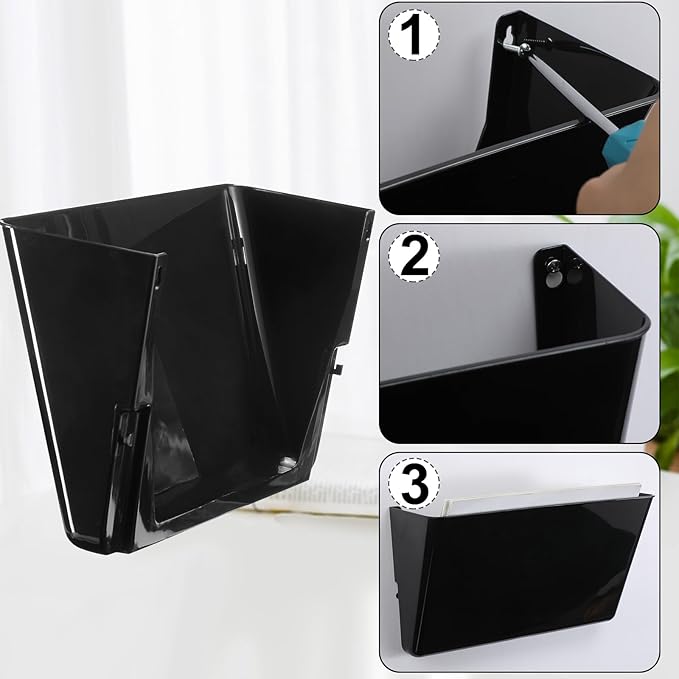 Tenceur 12 Pcs Plastic Single Pocket Wall Mount File Holder with Double Sided Adhesive Tape and Screws Wall File Hanging Folder Letter Paper Mail Organizer for Office Home Classroom(Black)