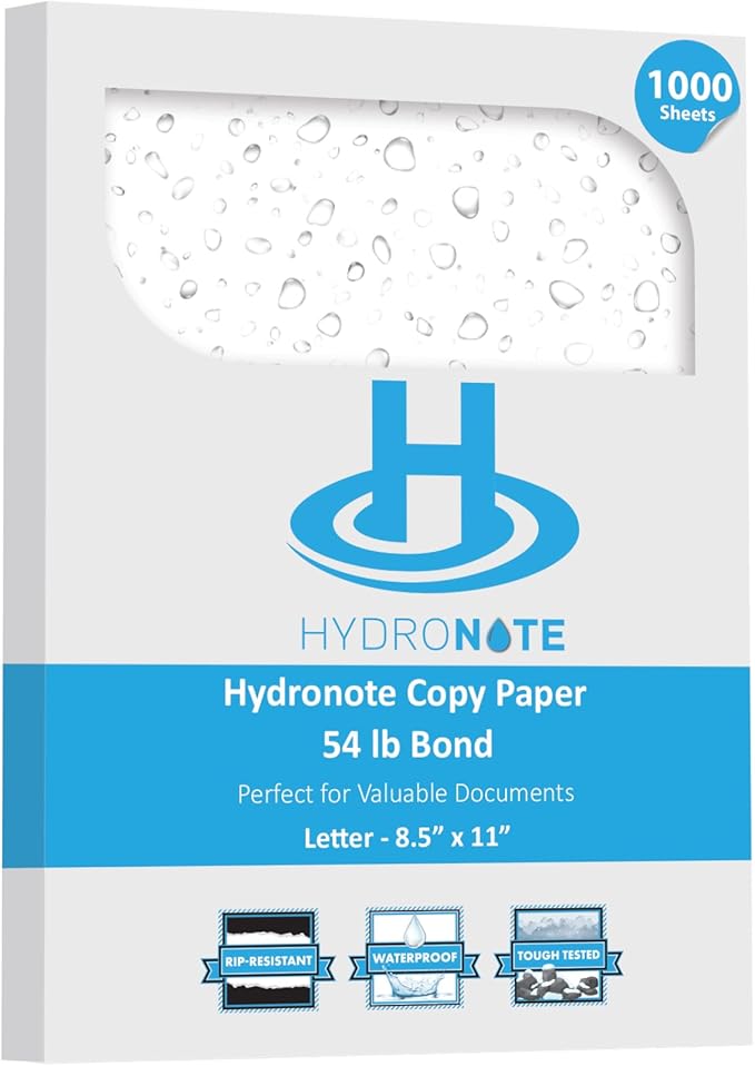 TerraSlate Waterproof Paper - Hydronote 54lb Multipurpose Copy Paper 8.5” x 11”, Bulk White Paper, Inkjet Printer and Laser Printer Paper Compatible - Weather/Rain Proof, Durable (1000 Sheets)