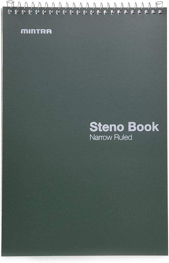Mintra Office Steno Books (Poly Steno 8pk (Arctic Ice, Green Olive, Charcoal), Narrow Ruled) - Poly Cover, 6" x 9", 100 sheets for Writing Notes for school, office, work, 6x9 steno notepad, top bound spiral (8 PACK)
