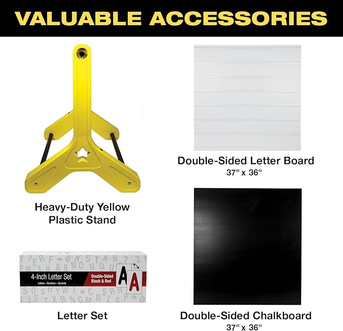 Swinging Changeable Message Sidewalk Sign 36″ x 37″ – Outdoor Advertising Sign Board with 792 Pre-Cut Double-Sided Letters & Storage Box – Heavy-Duty, Rust-Resistant Sidewalk Display for Businesses & Events (Yellow Legs)