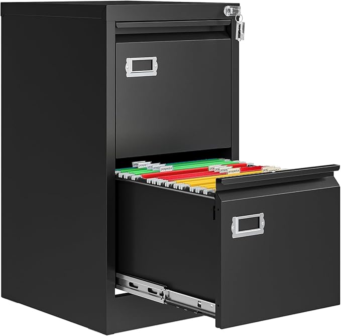 AFAIF 2 Drawer File Cabinet with Lock, Metal Filing Cabinets for Home Office, Vertical Black Small File Caninet, Steel Narrow Two Drawer File Cabnet for Letter/Legal / A4 / B4 - Assembly Required