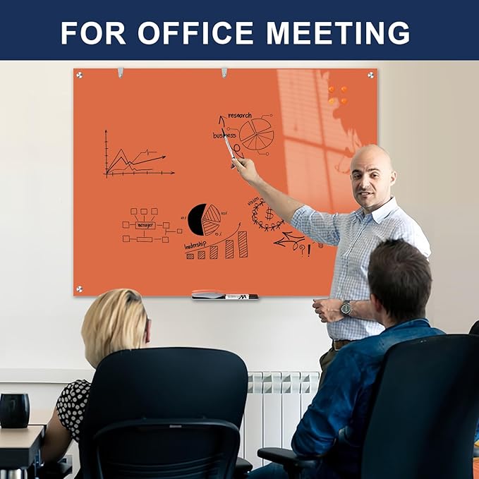 TSJ OFFICE Glass Dry-Erase Board - 48 x 32 Inches Wall Mounted Glass Whiteboard, Large Frameless Magnetic White Board for Office, Home & School, Orange
