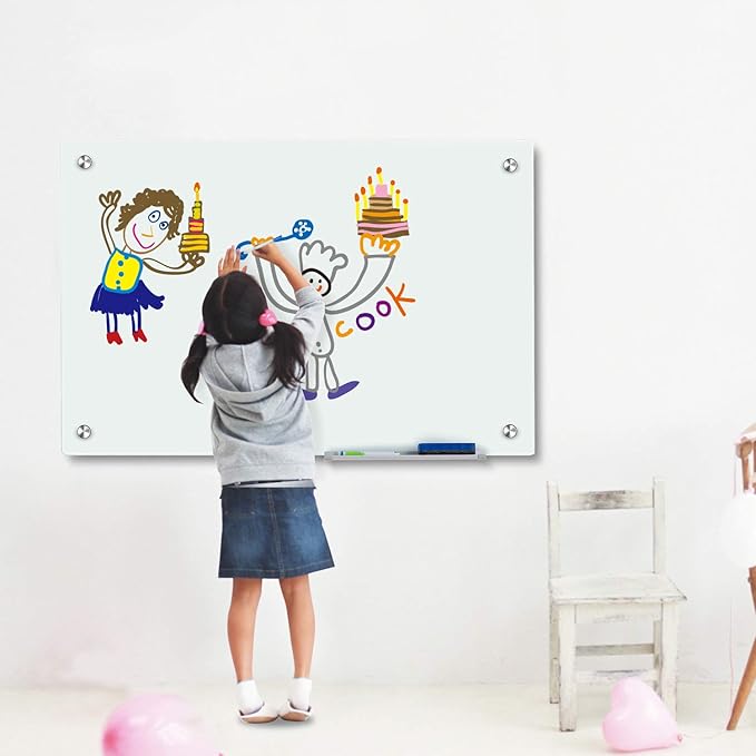 JYYPWB Magnetic Glass Whiteboard with Eraser 48" x 36" Frameless Tempered Glass Dry Erase Board with Marker Tray for Office, Wall Mounted Writing Board (White)