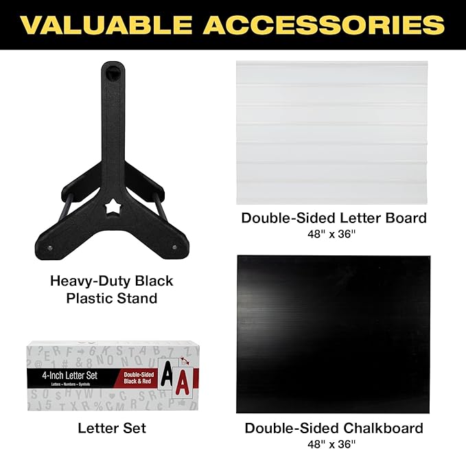 Swinging Changeable Message Sidewalk Sign: 36" x 48" Sign with 792 Pre-Cut Double Sided Letters and Storage Box. Includes Black Board & Letter Board (Black Color Legs)