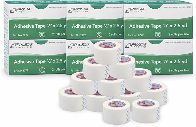 ProStat First Aid Adhesive Tape 1/2" x 2.5 yd (ANSI/ISEA Z308.1-2021) – Latex-Free Medical Tape for Securing Bandages & Dressings – 2 Rolls per Box, 10 Pack (20 Rolls Total)