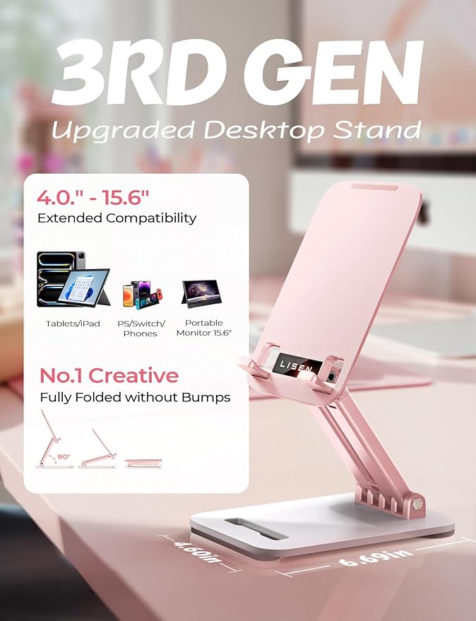 LISEN Pink Desk Accessories for iPad Office Supplies Desk Decor for Women, for Him Tablet Stand Vanity Accessories Video Zomming Face Time Free Hands for ipad Switch