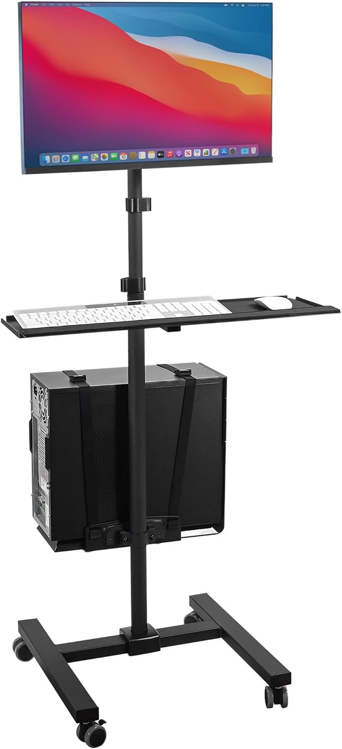 Mount-It! Rolling Computer Cart on Wheels, Mobile Desk Workstation with Monitor Mount for up to 32" Screen, Full Keyboard Tray, Floating Adjustable CPU Holder, Standing up to 70" Tall