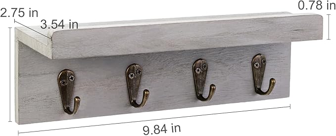 HRONRAD Rustic Key Holder for Wall, Farmhouse Wall Shelf with 4 Hooks, Wall Mounted Key Racks, Wooden Mail Organizer with Hooks for Entryway (Grey)