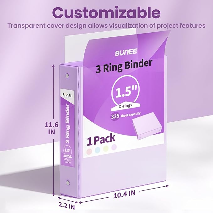 SUNEE 3 Ring Binder 1.5 Inch 1 Pack, Clear View Binder Three Ring PVC-Free (Fit 8.5x11 Inches) for School or Office Supplies, Purple