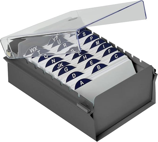 Acrimet 3 x 5 Card File Holder Organizer Box Metal Base Heavy Duty (AZ Index Cards and Divider Included) (Gray Color with Clear Crystal Plastic Lid Cover)