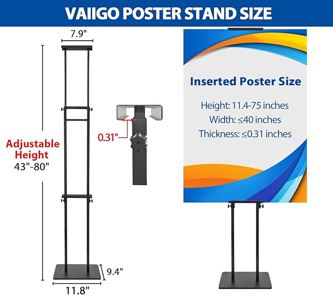 VAIIGO Pedestal Poster Sign Stand for Double Sided Display, Adjustable Poster Board Stand Height Up to 80", Heavy Duty Floor Standing Sign Holder for Board, Foam, Banner Display Stand, Black 1Pack