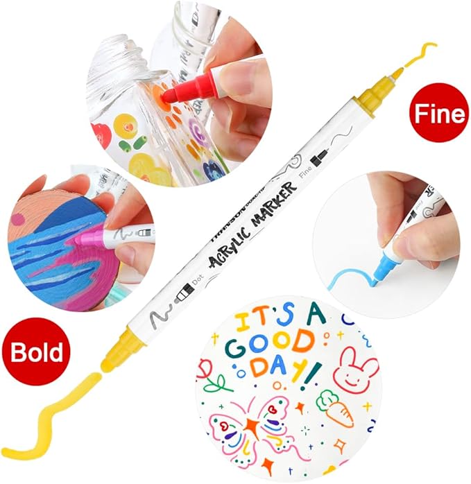 TRANSON 36 Color Bold and Fine Dual-tip Acrylic Paint Pen Set for Canvas Rock Wood Leather Ceramic DIY Painting