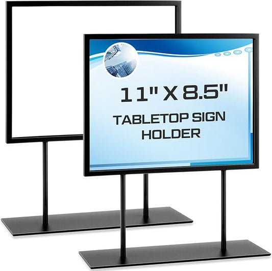 Zhengmy 1 Pcs Tabletop Sign Holder with Flat Base 11" x 8.5" Double Sided Countertop Sign Holder Horizontal Desktop Display Stand Metal Poster Display Stand for Office Store Restaurant Hotels, Black