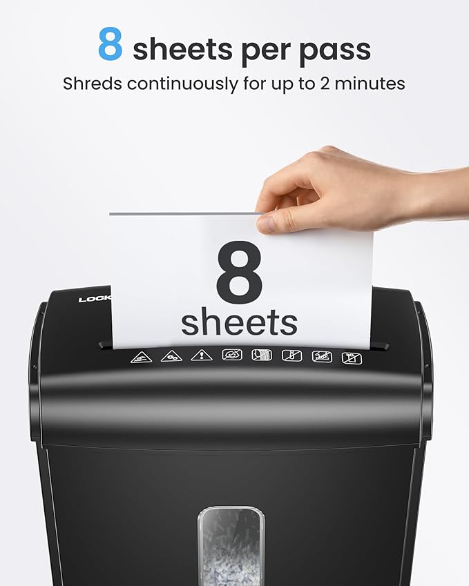 Locksworth 8-Sheet Micro Cut Paper Shredder P-4 High Security for Home Office Use with Handle, Shreds Credit Card/Staple 4 Gallons(Black) Visual Window Wastebasket