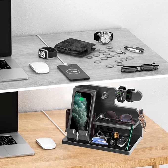 Gifts for Men Bedside Organiser Wood Phone Docking Station Dad Birthday Gifts for Him Nightstand Key Wallet Watch Stand Mens Gifts for Xmas Presents for Dad Husband Boyfriend Anniversary & Christmas