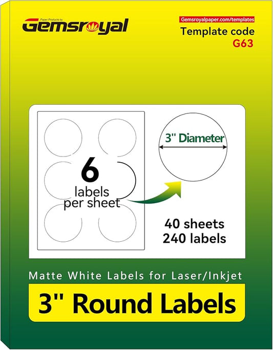Gemsroyal 3 inch Round Labels Printable,Matte White Circle Labels for Printer,3" Large Printable Stickers,3" Blank Round Sticker Paper,40 Sheets,240 Circle Stickers,World Class Materials