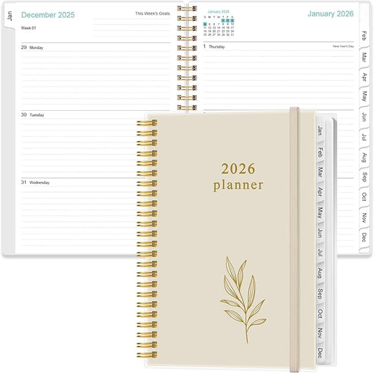 2026 Planner - Planner 2026 from January 2026 to December 2026, Weekly & Monthly Planners Spiral Bound with 12 Monthly Tabs, Inner Pocket, 6.4" x 8.5", Beige