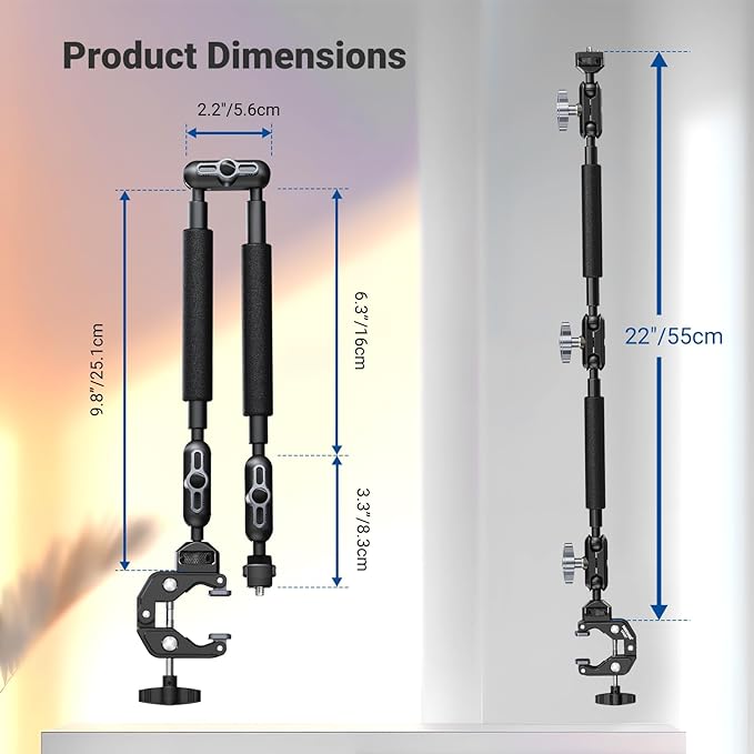 NEEWER 22" Magic Arm w Desk C Clamp, Overhead Camera Mount with Articulating Mic Boom Arm 1/4" 3/8" Threads for ARRI, Desktop Stand Holder for Phone Microphone Webcam Action Camera Video Light, UA057