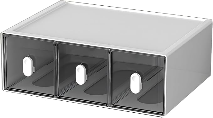 OSteed Desktop Drawers, Desk Organizer with 3 Drawers & Upright Handles, Stackable Plastic Storage Box for Home Collection, Cosmetics, Office Supplies (1 Tall Layer, White & Clear)