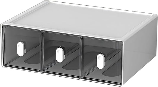 OSteed Desktop Drawers, Desk Organizer with 3 Drawers & Upright Handles, Stackable Plastic Storage Box for Home Collection, Cosmetics, Office Supplies (1 Tall Layer, White & Clear)