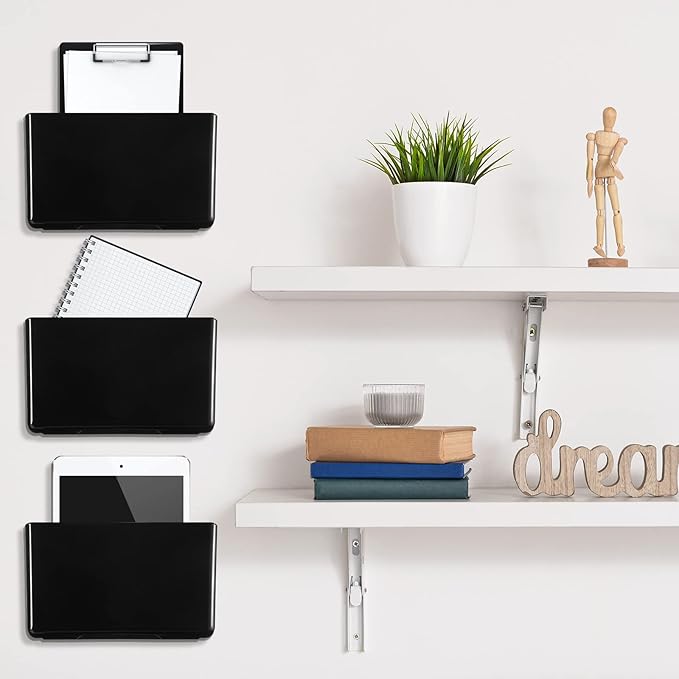 Colarr 8 Pcs Wall File Holder Organizer Plastic Wall Mount Mail Organizer with Screws Single Pocket Hanging Folder Paper Magazine Holder for Walls Office Home Classroom(Black)