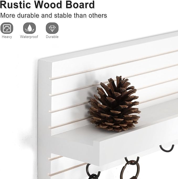 Lwenki Decorative Key Holder for Wall with Shelf, Entryway Shelf with Hooks Holds Leashes, Jackets and Glasses – Sturdy Wood Keyholder Entrance Hanger with Mounting Hardware (White, Medium)