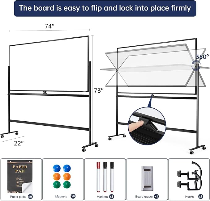 Large Dry-Erase Rolling Magnetic Whiteboard - 70 x 36 Inches White Board Height Adjust Double Sides Mobile Portable Easel on Wheels, Dry Erase Board with Stand for Office, Home & Classroom