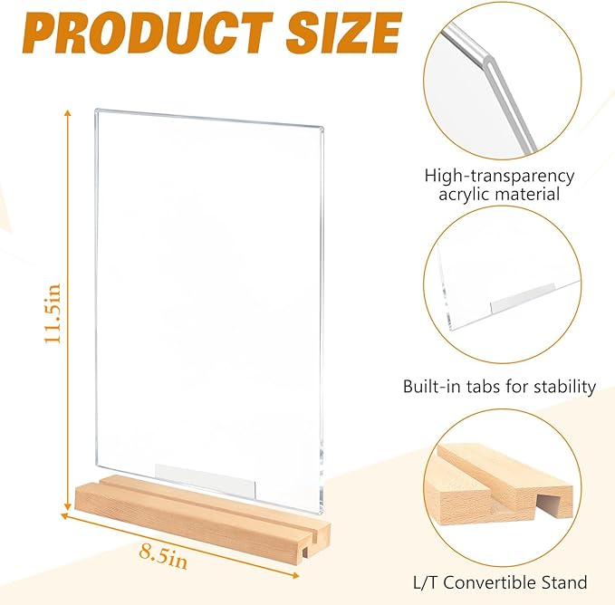 Acrylic Sign Holder 8.5" x 11" with Wooden Base, 4 Pack Adjustable Vertical/Tilt Acrylic Display Stands for Flyers, Menus, Picture Frames