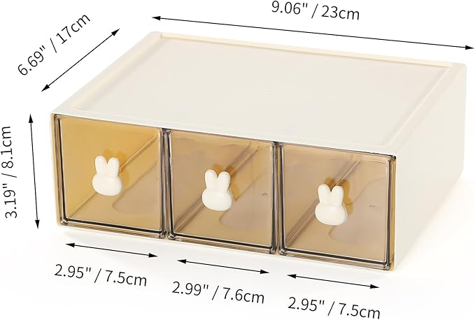 OSteed Desktop Drawers, Desk Organizer with 3 Drawers & Bunny Handles, Stackable Plastic Storage Box for Home Collection, Cosmetics, Office Supplies (1 Tall Layer, Cream & Clear)