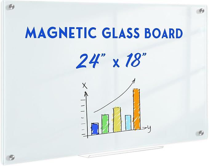 Magnetic Glass Whiteboard, 24" x 18" Glass Dry Erase Board for Wall, Frameless White Board with 1 Marker Tray and 3 Magnets for Office, Home, Classroom - Normal White