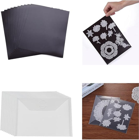 10 Pack Sturdy Clear Plastic Envelope Storage Pockets & 10Pack Rubber Soft Magnet Sheet for Cutting Dies Stencil Crafting Die Cuts Stamps Storage Sets Great for Stamper Crafter Porjects 0.5mm