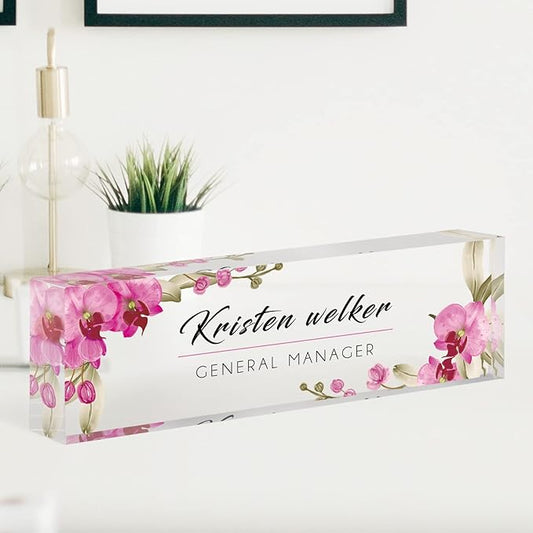 Desk Name Plate Personalized, Custom Name Plates for Desks, Office Desk Decor, Orchids Style Clear Acrylic Glass Block, Personalized Office Gifts for Women Men Boss Teachers Coworker Appreciation Gift