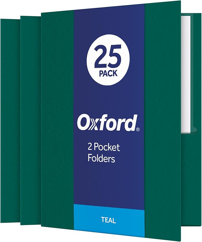 Oxford Twin-Pocket Folders, Textured Paper, Letter Size, Teal, Holds 100 Sheets, Box of 25 (57555)