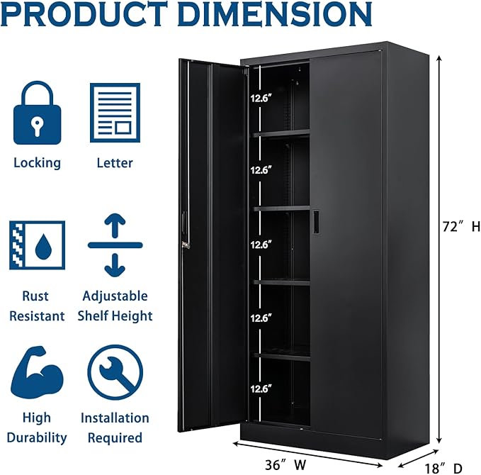 TaskStorz Storage Cabinet, 72 Inch Tall Metal Storage Cabinet with Doors and Shelves,Heavy Duty Metal Cabinet, Pantry Cabinets for Kitchen Storage, Garage Cabinet for Living, Dining Room