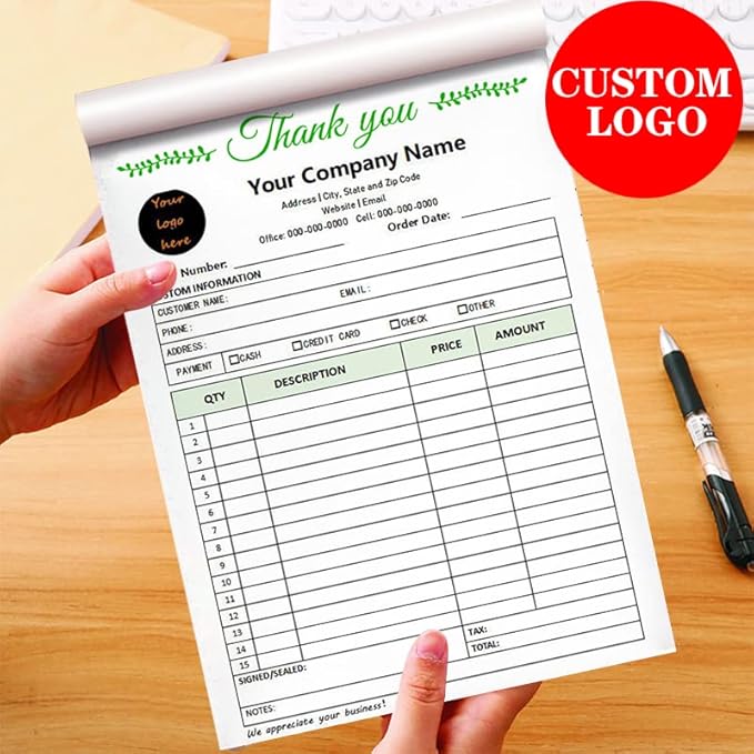 Custom Carbonless Sales Invoice Form Books for Small Business, Personalized NCR 3-Part Receipt Book with Carbon Copies, Cover Add Company Name, Address and Number Printed