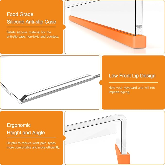 BEEGO Ergonomic Computer Keyboard Stand - Clear Acrylic Keyboard Riser Tilted Keyboard Holder Keyboard Tray with Orange Non-Slip Strip for Easy Typing at Home School Office Desk Accessories