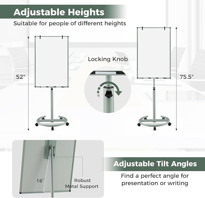 Goplus 40” x 26” Rolling Whiteboard, Height Adjustable Magnetic Dry Erase Board on Wheels with Round Stand, Paper Clips, Storage Tray, Paper Pad, Magnets, Markers, Mobile White Board for Office School