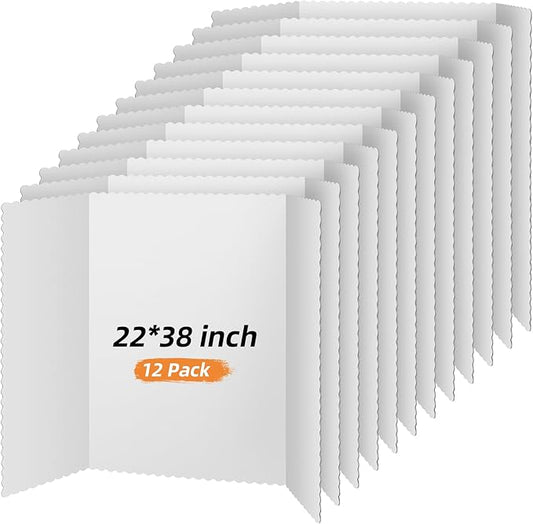 Henoyso 12 Pcs 22 x 38 Inch White Trifold Poster Board Large Tri Fold Presentation White Display Board Foldable Paperboard for Science Fair School Business Project Exhibition