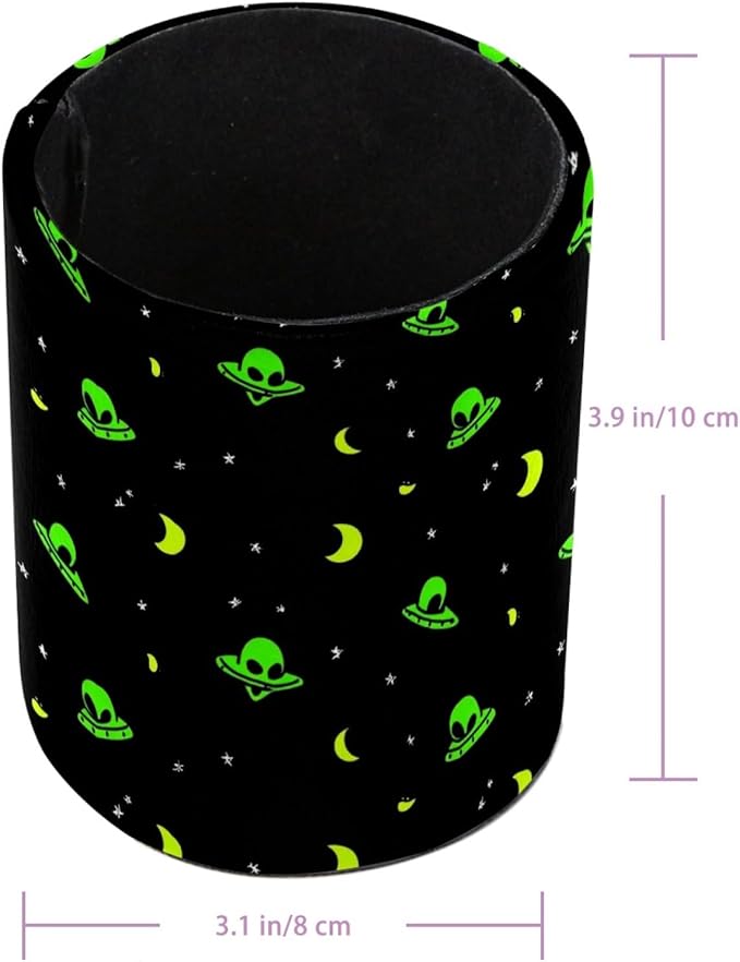 Leather Pen Holder for Desk Green Alien Moon Pencil Cup Desktop Organizer Makeup Brush Holders Office Supplies for Home, Kids & School