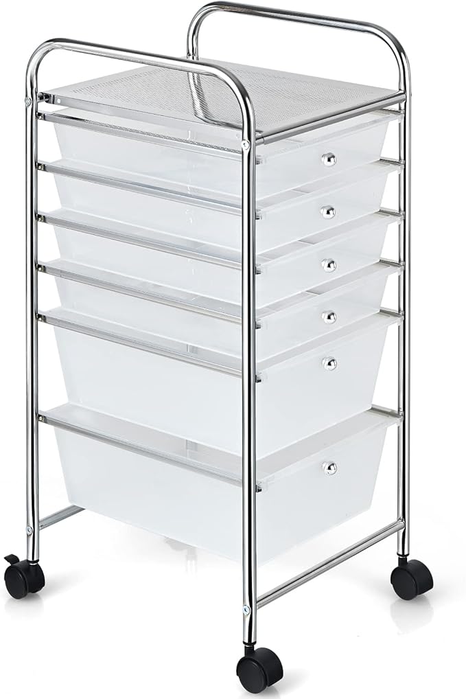 Giantex 6 Storage Drawer Cart Rolling Organizer Cart for Tools Scrapbook Paper Home Office School Multipurpose Mobile Utility Cart (Clear White)